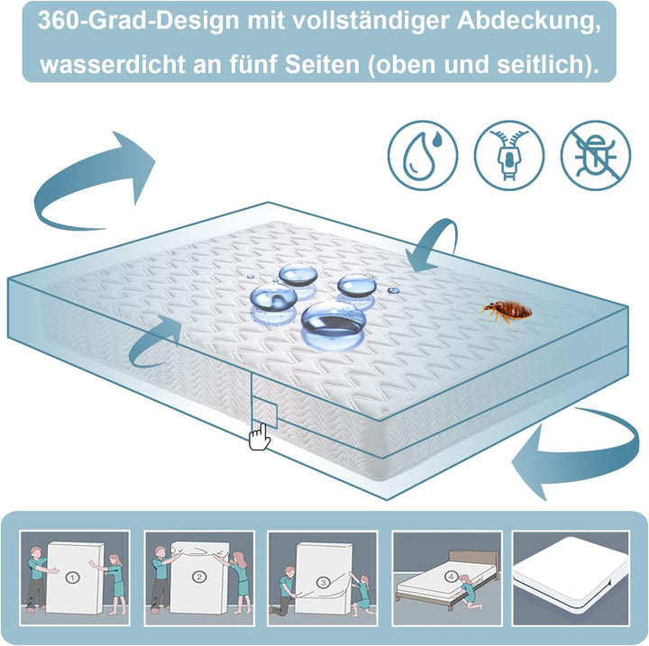 Bedecor Wasserdichter Matratzenbezug 160 x 190 cm mit Reissverschluss,Matratzenschoner Baumwolle,Atm