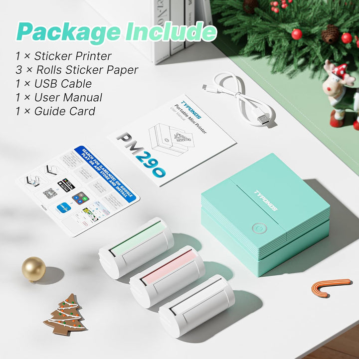 Sticker Drucker, PM290 Mini Drucker für Smartphone, Bluetooth Thermodrucker Mini mit 3 Rollen Papier