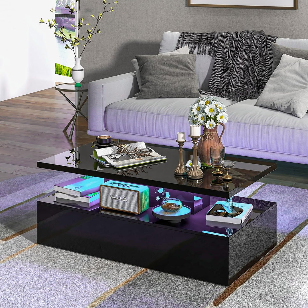 COSTWAY LED-Couchtisch Hochglanz, Wohnzimmertisch mit einstellbaren Lichtfarben &amp; Helligkeit, Fernbe