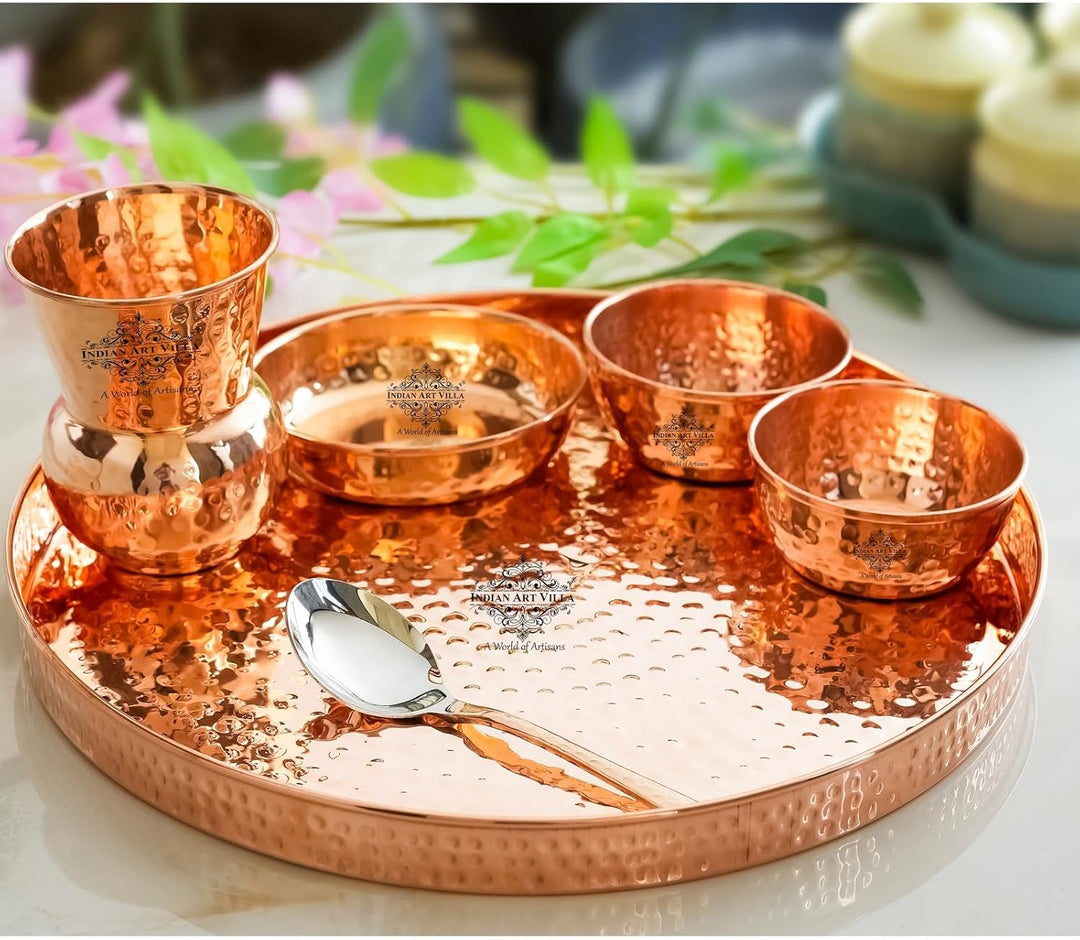 IndianArtVilla Thali/Dinner-Set, handgefertigt, reines Kupfer, 8 Stück