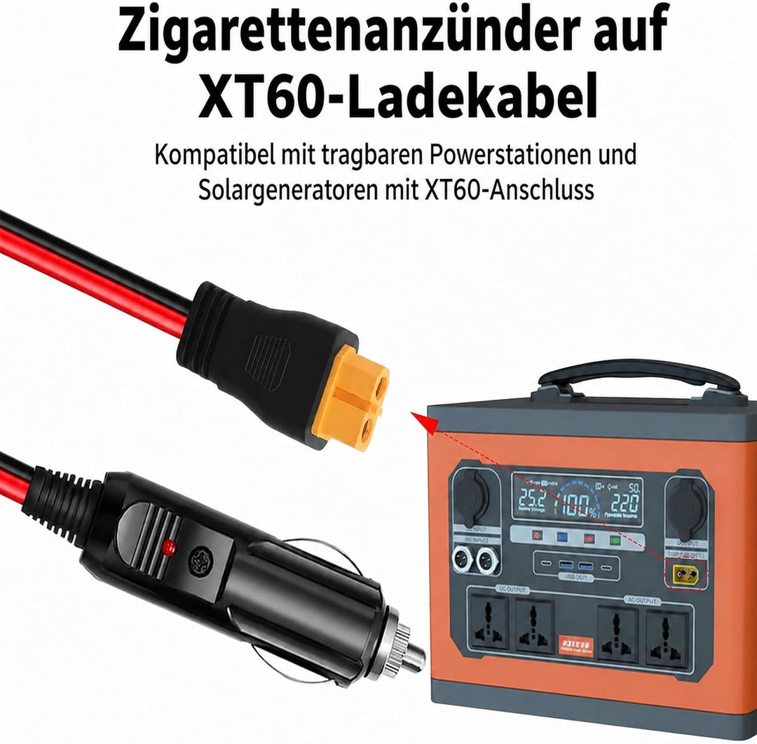 XT60 Auto Ladekabel kompatibel mit ECOFLOW Powerstation, Zigarettenanzünderstecker auf XT60 Buchse,