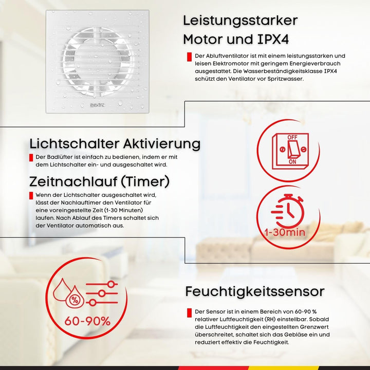 Steinberg14 Badlüfter Ø 125mm mit Feuchtigkeitssensor und Zeitnachlauf (Timer) - Weiss Ventilator Ø