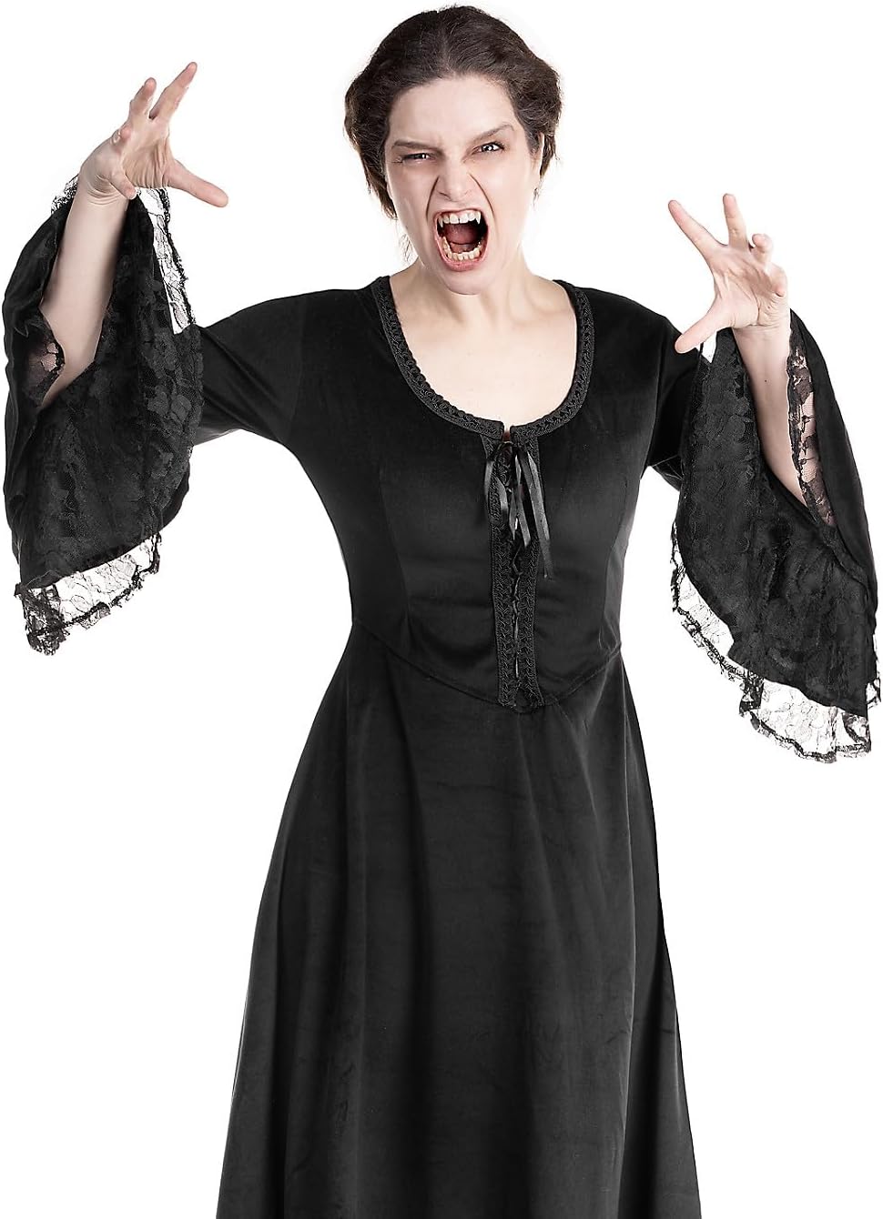 Maskworld Gothic Vampirkleid mit Spitze – Langes Damen Maxikleid mit Samt-Optik &amp; Trompetenärmeln -