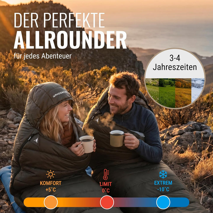 WANDERFALKE® Premium Schlafsack Erwachsene (Alpinist/Wanderer), 3-4 Jahreszeiten (480GSM) &amp; Sommersc