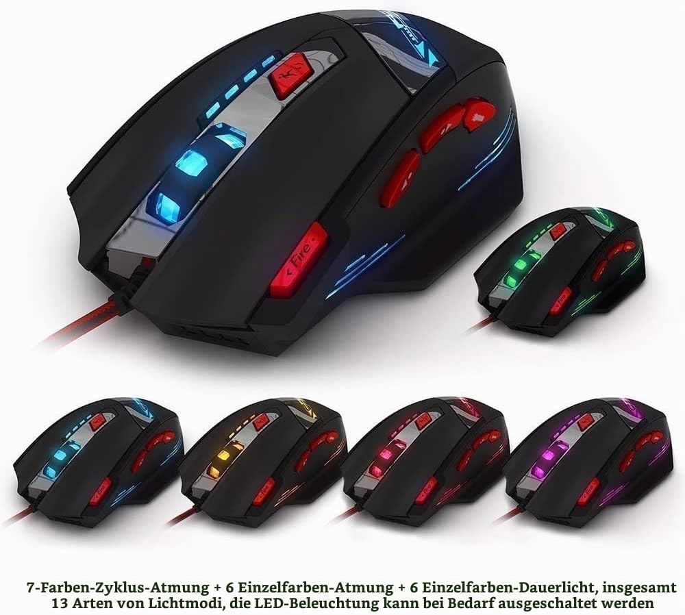 zelotes Gaming Maus,9200 DPI, 8 Programmierbare Tasten,8 Gewichtsblöcke,Multi-Modi LED,Ergonomische