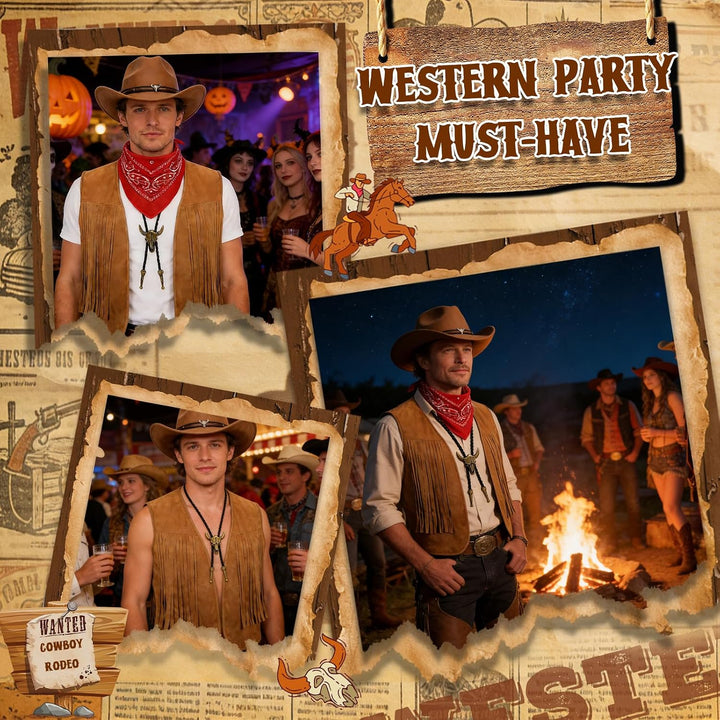 7 Stück Cowboy Kostümzubehör Set für Herren, Western Cowboy Kleidung mit Hut Quastenweste Paisley Ba