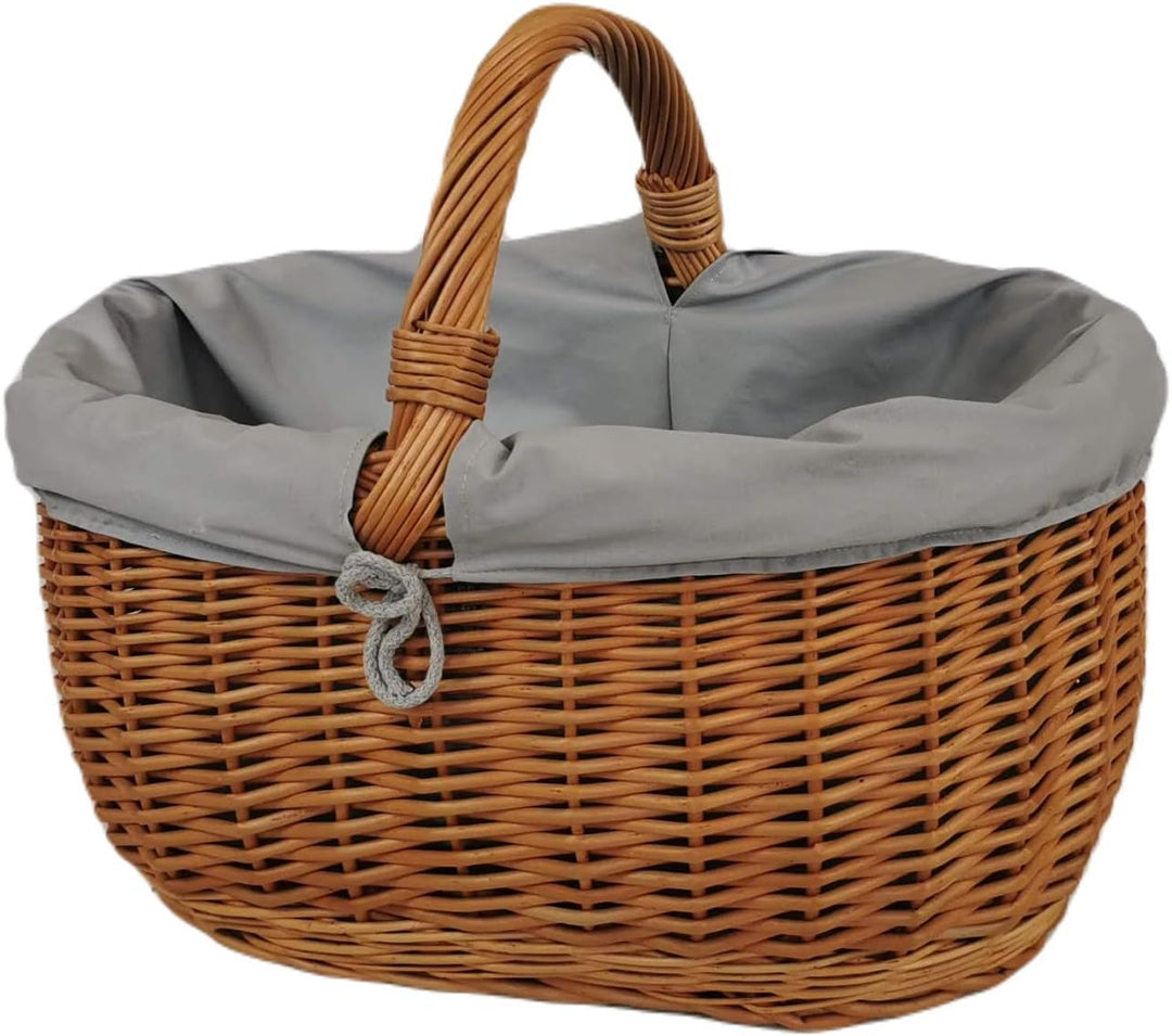 Grosser Einkaufskorb aus Weide oval Braun mit Stoff grau 46x32x35 cm