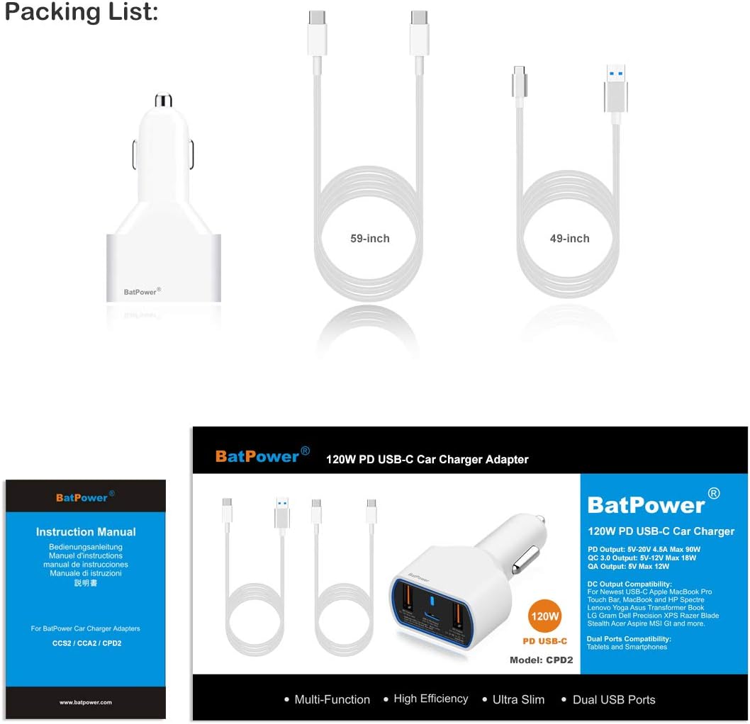 BatPower CPD2 Hohe Energie 120W USB-C Laptop Auto-Ladegerät Kompatibel mit MacBook Pro Air USB C Lap