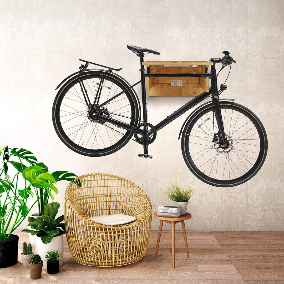 Rockitdaily Fahrradhalterung für die Wand | 35x35x5cm | klappbare Bambus Wandhalterung Fahrrad als G