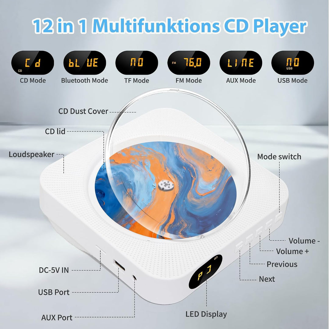 CD Player mit Bluetooth 5.1 und Staubschutzdeckel (White-1), White-1