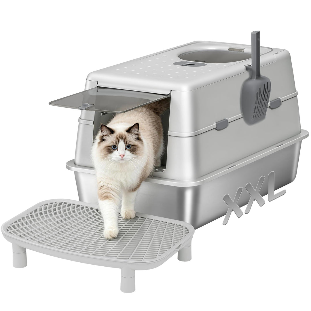 Hzuaneri Edelstahl Katzenklo XXL mit Deckel, Doppeltür, 60 × 40 × 42 cm, Geschlossenes Katzentoilett