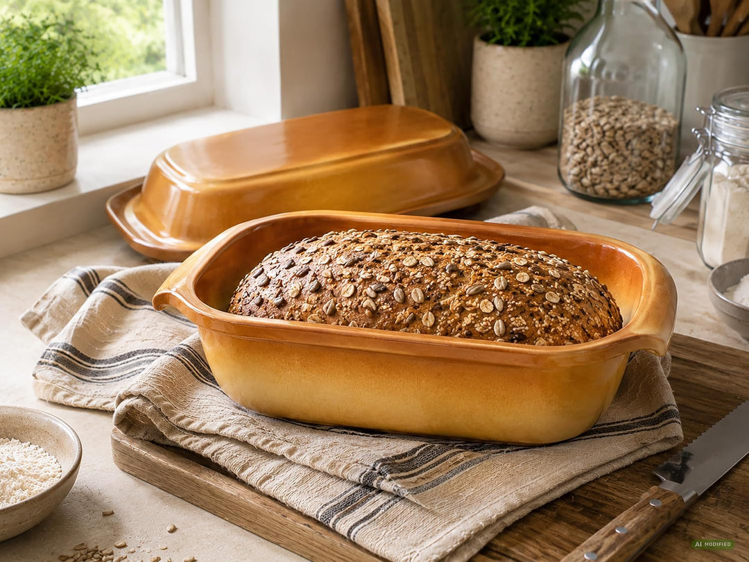 3,5 Liter Brotbackform mit Deckel aus Steingut, 33×16×14 cm, Bräter, Auflaufform, Gratinform, Schmor