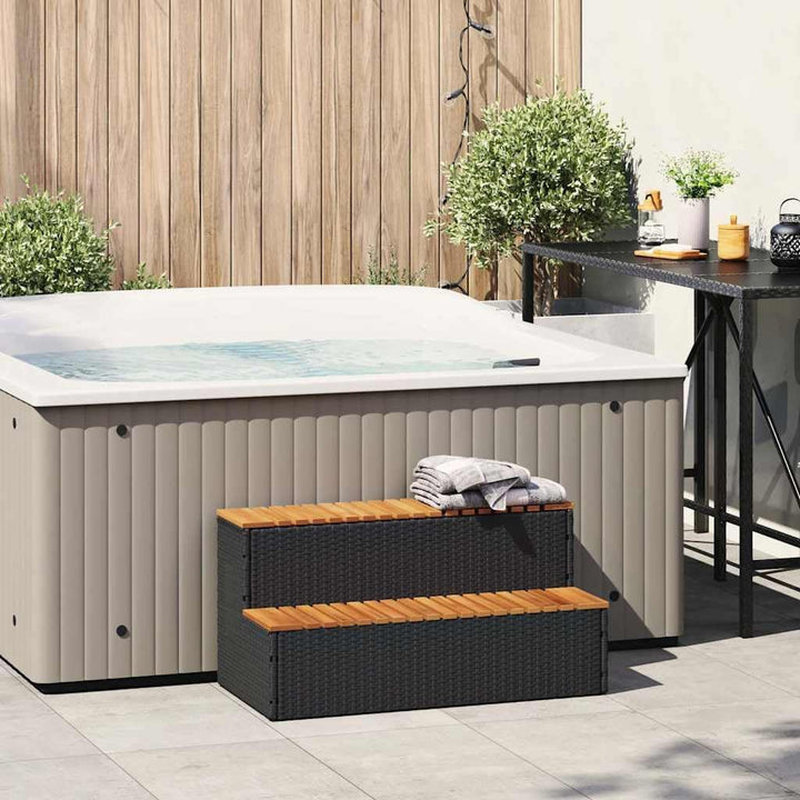 vidaXL Whirlpooltreppe Schwarz 100x50x50,5cm Poly Rattan Akazie Massiv, Whirlpool-Stufe, 2-Stufen-Le