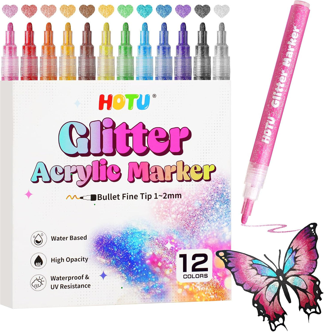 HOTU Glitzerstifte Set 12 Farben Glitzer Filzstifte Zeichenset 1-2mm, 12 Farben
