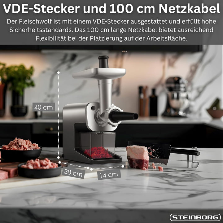 Steinborg ® Fleischwolf Elektrisch 2000W Max Power – Profi Hackfleischmaschine aus Edelstahl mit kra