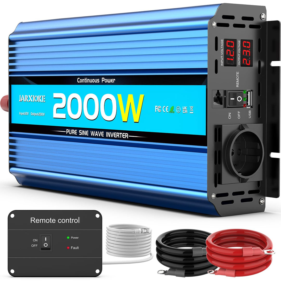 Wechselrichter 2000W Reiner Sinus Spannungswandler 12V auf 230V Power Inverter DC Umwandler mit 2 AC