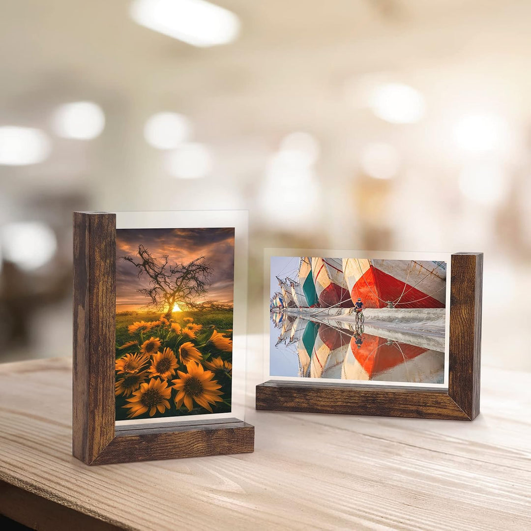 RLAVBL 2er Set Bilderrahmen 10x15 cm, Doppelseitiger Glasbilderrahmen mit L-förmigem MDF-Sockel, für