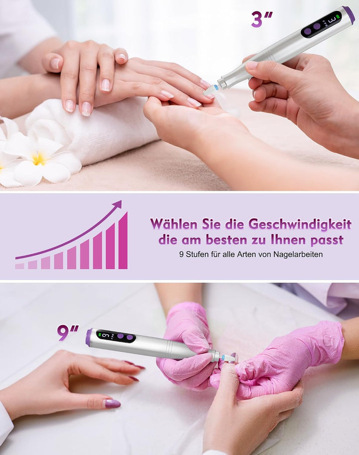 Nagelfräser Kabellos, 12 in 1 Elektrische Nagelfeile 9 Verstellbare Geschwindigkeit Fräser für Gelnä