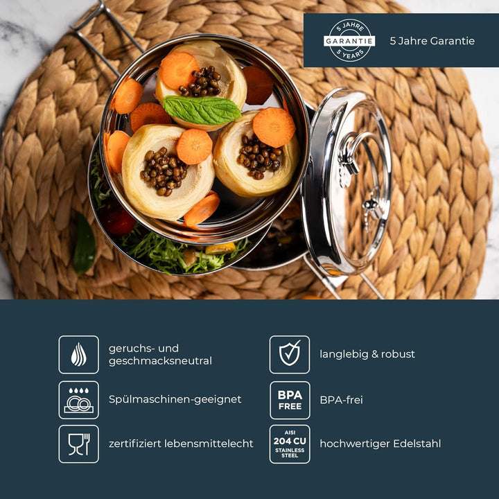ECO Brotbox | Tiffin Swing | runde Lunchbox aus Edelstahl mit 3 Lagen, auslaufsicher | 1200 ml