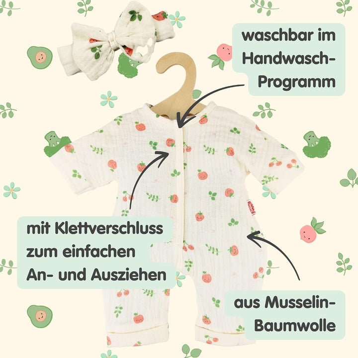 Heless 1681 - Musselin Puppen-Strampler Freche Früchtchenmit niedlichem Haarband, 100 % Bio-Baumwoll