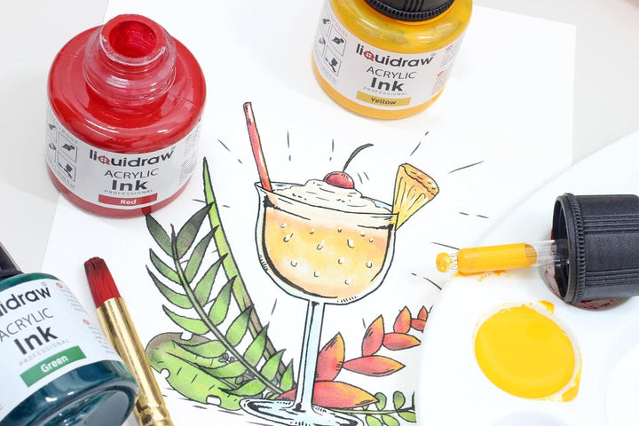 Liquidraw Acryl Zeichentinte - 20 verschiedene Farben | 35 ml Flaschen mit Tintentropfer | geeignet