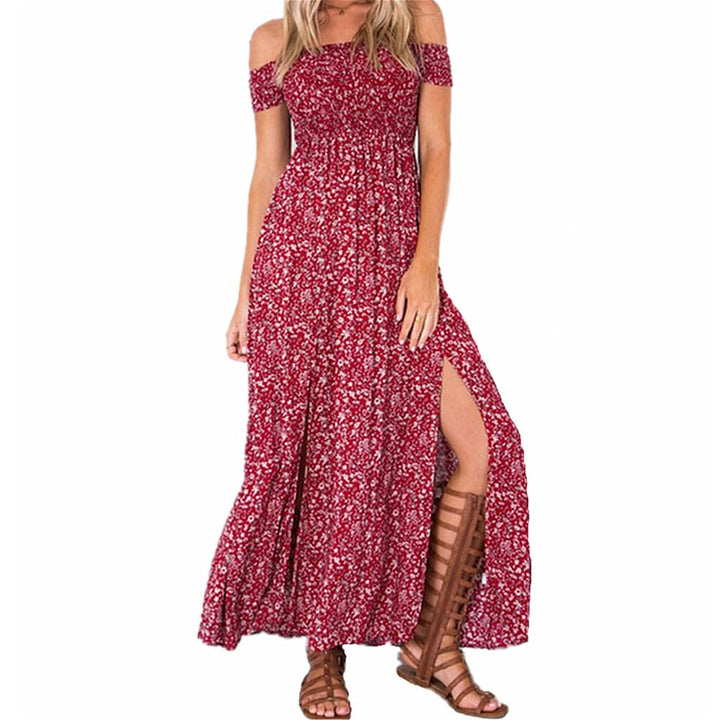 Sommerkleid Damen Lang Off Shoulder Maxikleider für Damen Blumenrock Schlitz Kleider Strandmode L Ro