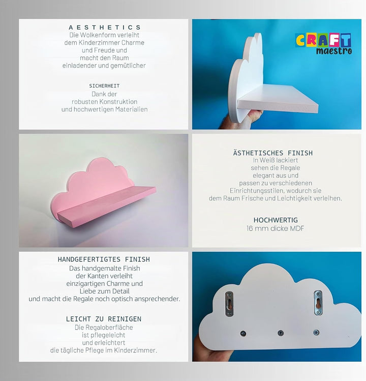 Wolkenregal für Kinderzimmer - pink, 1 Stück gross, einfache Montage 1x Blau Grosse Wolke, 1x Blau G