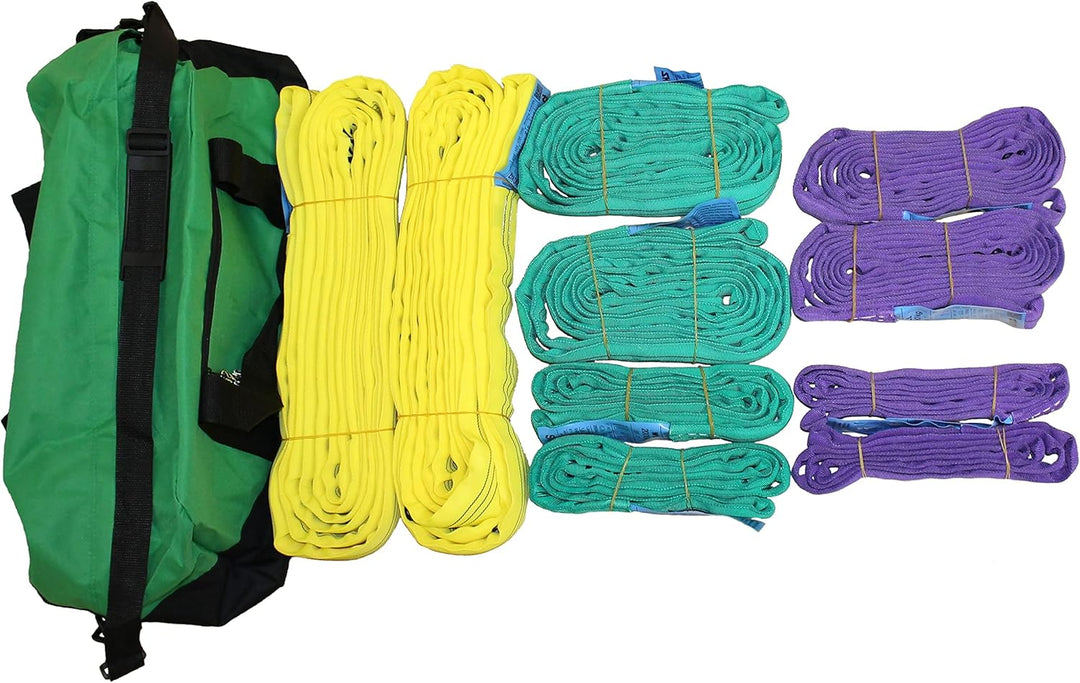Rundschlingen Set 1t - 3t Tragfähigkeit, 11-teilig, 1000-3000 kg WLL, farbcodiert violett, grün, gel