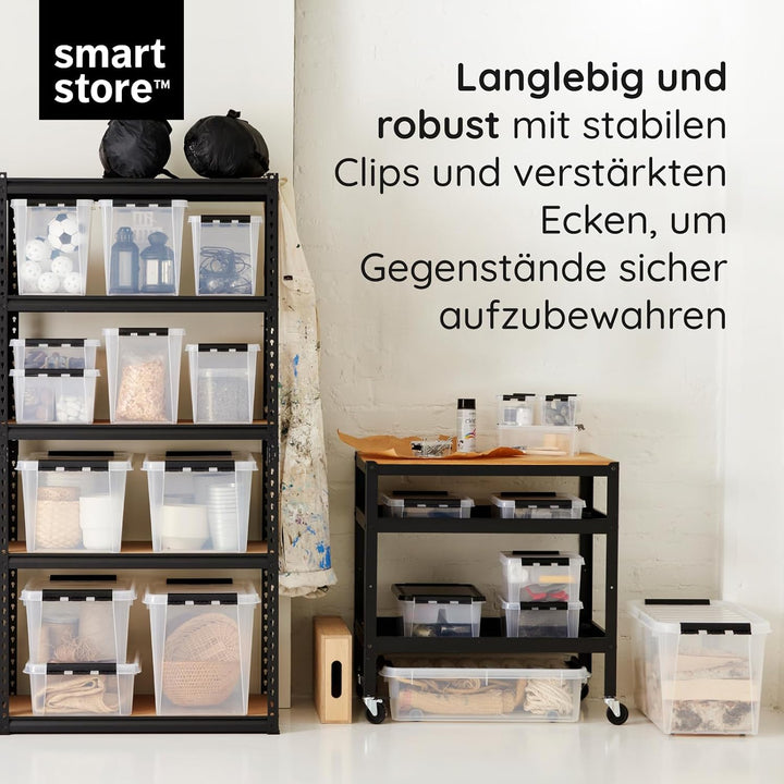 SmartStore Aufbewahrungsboxen mit Deckel, 31 l, transparent, 4er-Pack, verstärkt, 10 Jahre Garantie,