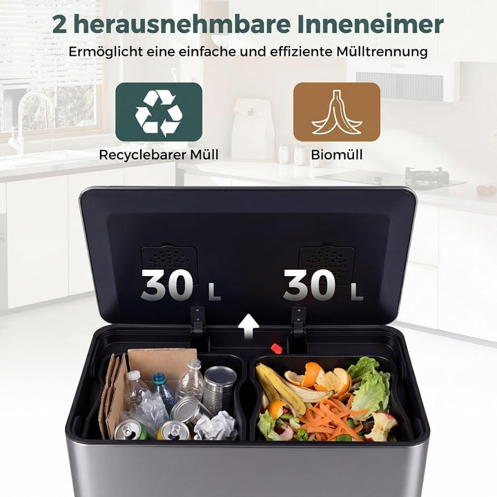 COSTWAY Mülleimer Küche, 60L Mülltrennsystem 2 Fächer, Tretmülleimer aus Edelstahl mit Pedal &amp; Softc