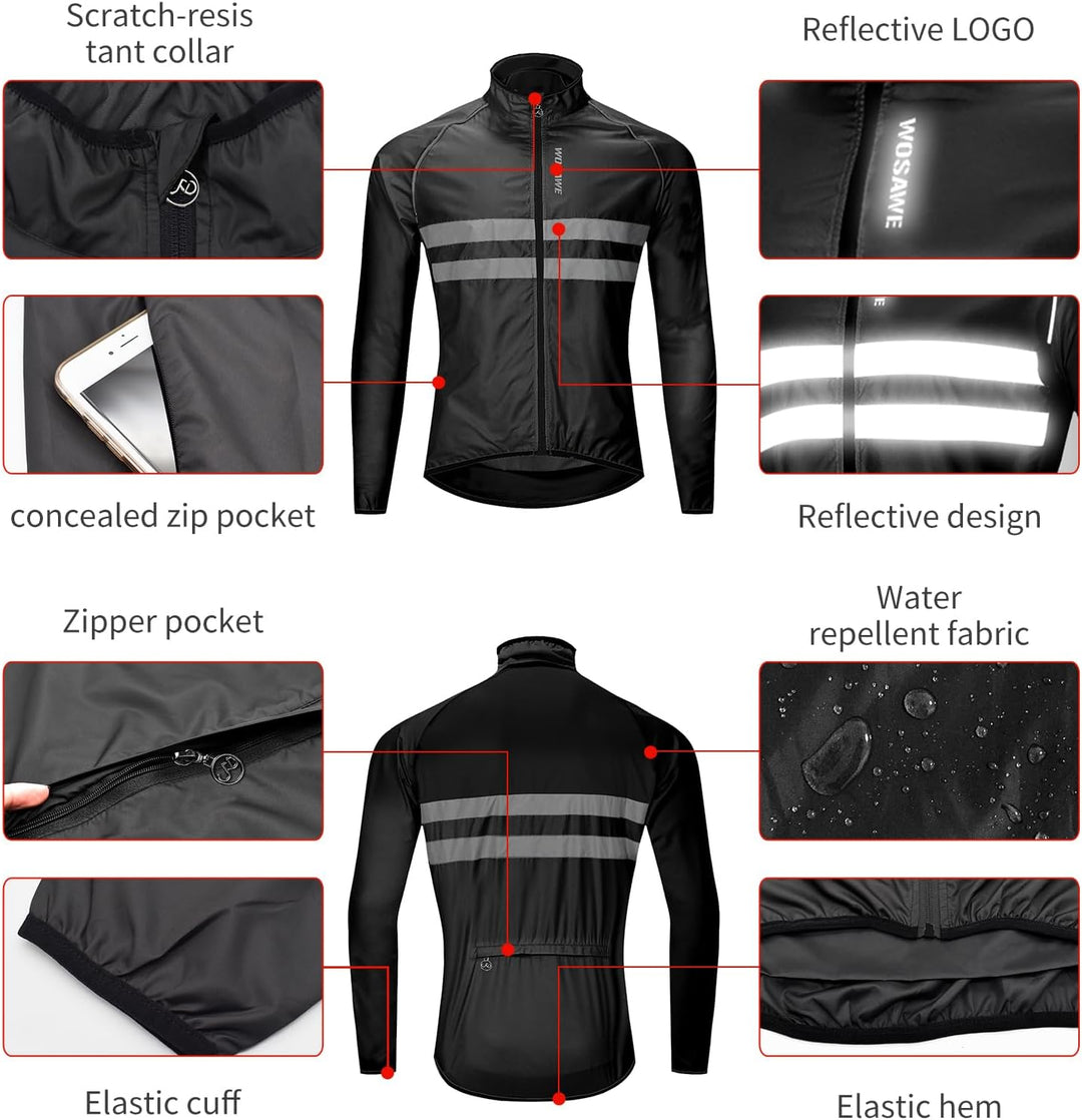 WOSAWE Herren Damen Fahrradjacke Leicht Atmungsaktiv Reflektierende Radweste Winddicht Sportbekleidu