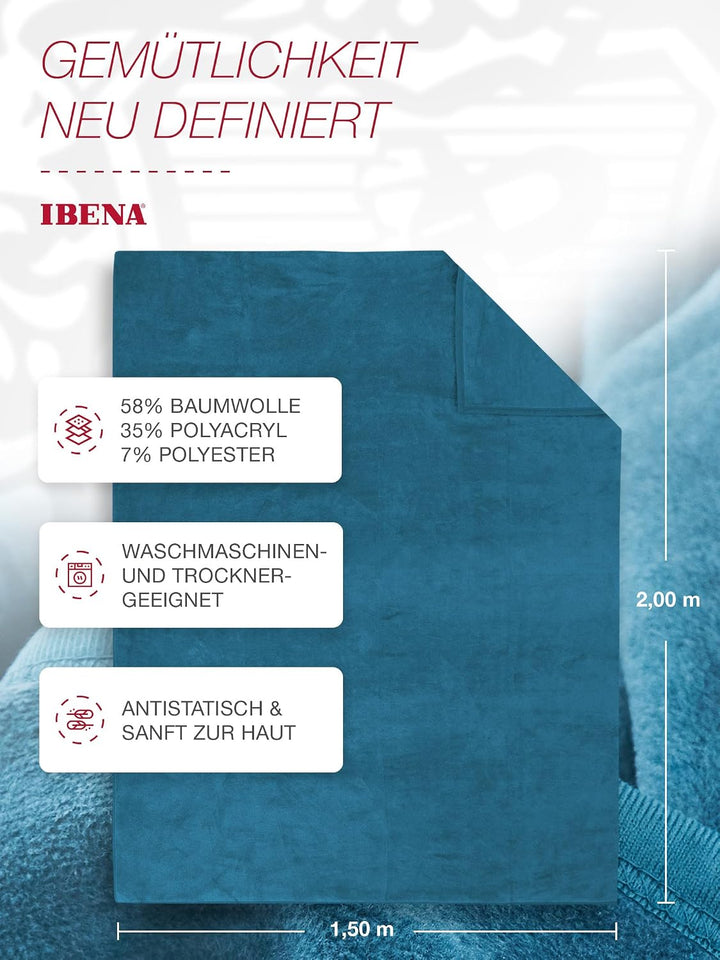 Ibena Porto Decke 150x200 cm – Baumwollmix weich, warm &amp; waschbar, Kuscheldecke petrol einfarbig 150