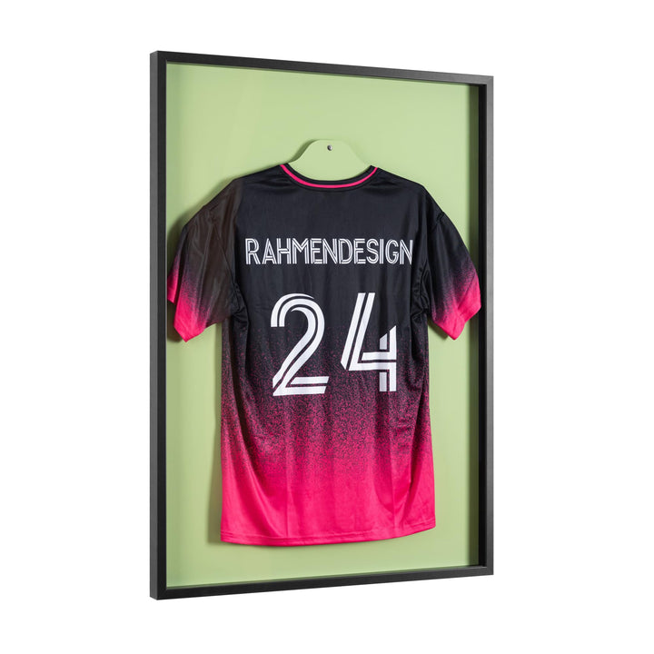 Trikotrahmen Schwarz 80x100 mit Passepartout Olivgrün – 3D Objektrahmen für Fussballtrikots – Jersey