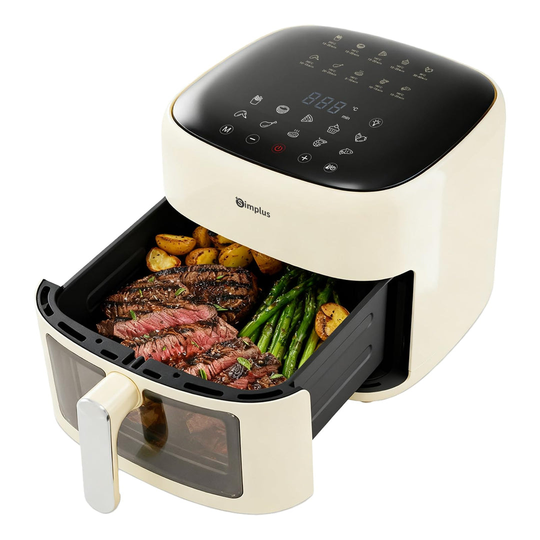 Simplus Heissluftfritteuse Airfryer 6,5L cremeweiss, Sichtfenster &amp; Shake-Reminder, 1500W, 85% wenig