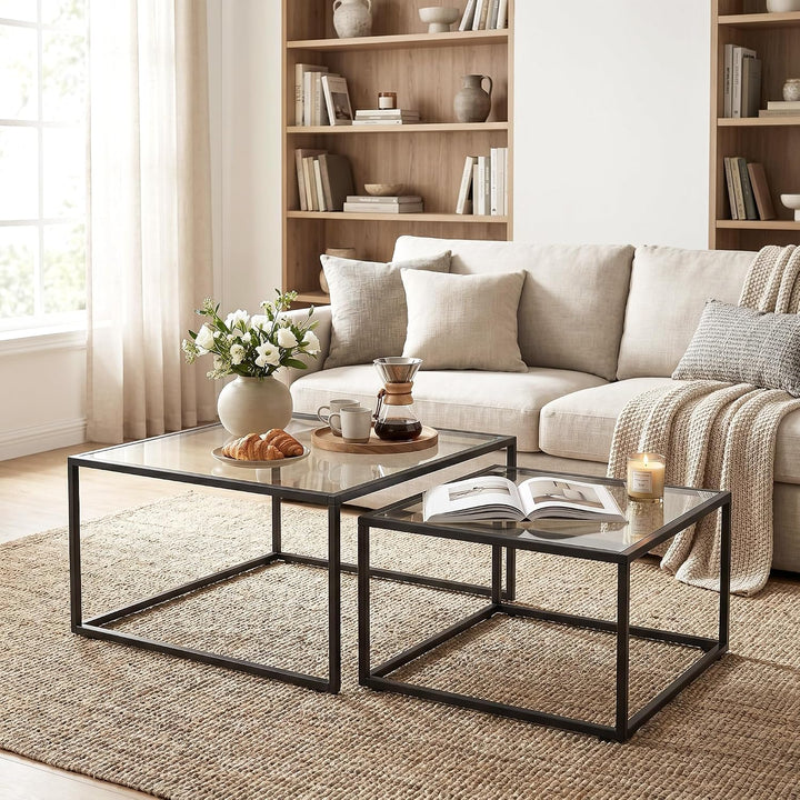 HOMCOM Couchtische 2er-Set Satztisch mit Gehärteter Glasplatte Schwarz