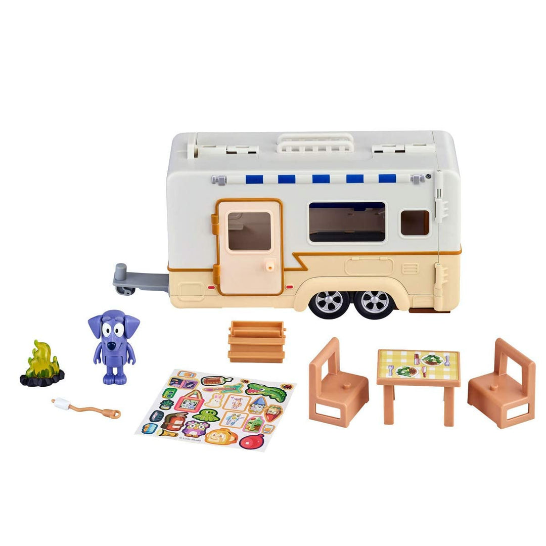 Bluey Wohnwagen-Spielset mit Jean Luc-Figur und vielem weiterem Zubehör, ausklappbarer Camper, kombi