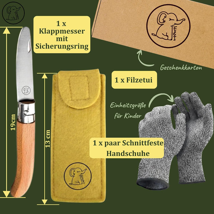Eli® Schnitzmesser für Kinder mit Filztasche ab 6 Jahre inkl. Handschuhe gelb, gelb
