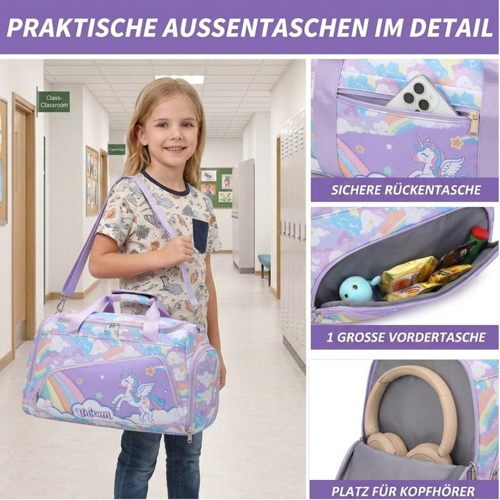 Suweir Kinder Sporttasche, Mädchen Reisetasche mit Schuhfach &amp; Nassfach Einhorn Regenbogen Lila, Ein