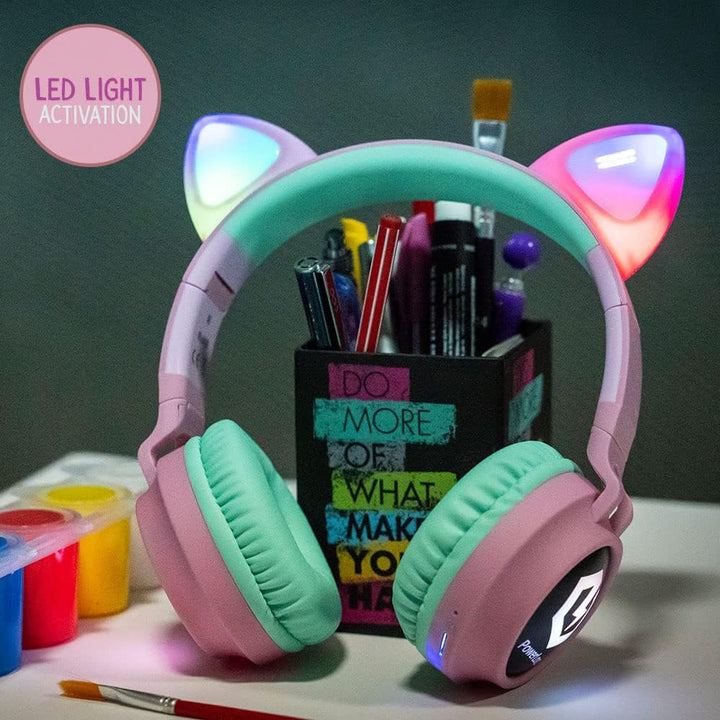PowerLocus Bluetooth Kopfhörer Kinder, LED Katzenohren, 85dB Sichere Lautstärke, Bluetooth 5.3, Micr
