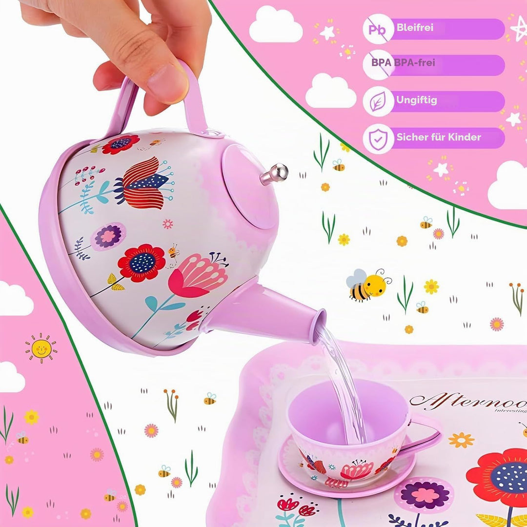 Teeservice Kinder, 46 Teile Puppengeschirr Kinderküche Tin Teekanne Set, Spielküche Zubehör für Kind