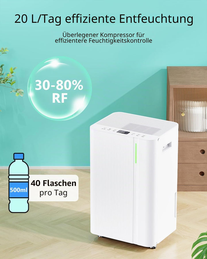 Luftentfeuchter 20L/24h, Elektrischer Entfeuchter mit Kompressor, 3 Modi, Leise und Energiesparend,