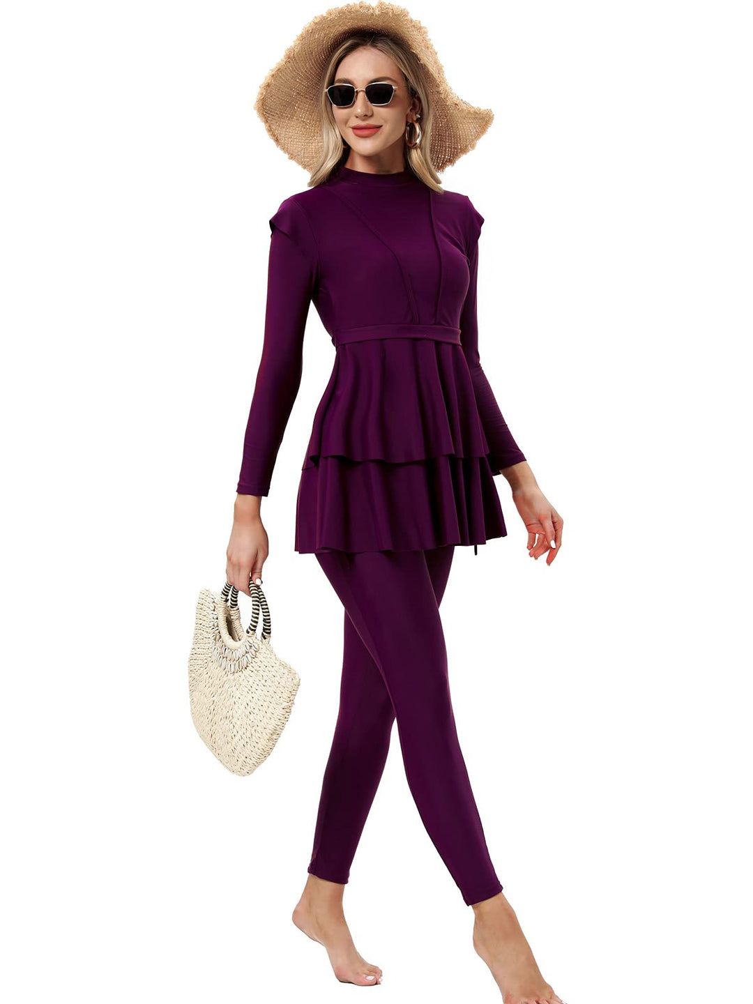 seafanny Damen Modest Badeanzug Langarm Burkini Full Cover Muslim Badeanzug 38 Wein Rot, 38 Wein Rot