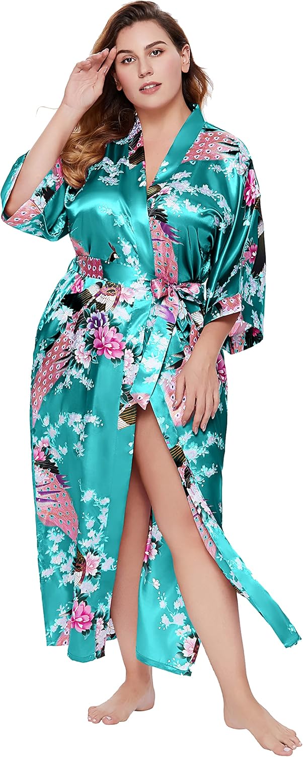 BABEYOND Damen Morgenmantel Maxi Lang Seide Satin Kimono Kleid Pfau Muster Kimono Bademantel Damen L