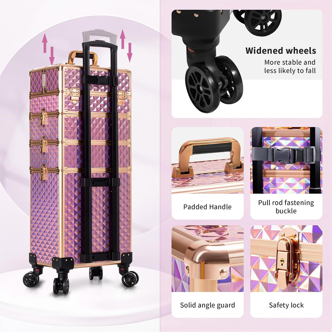 Arous 4-in-1 Professioneller Make-up-Zugkoffer, multifunktionaler Kosmetikwagen mit 360° drehbaren R