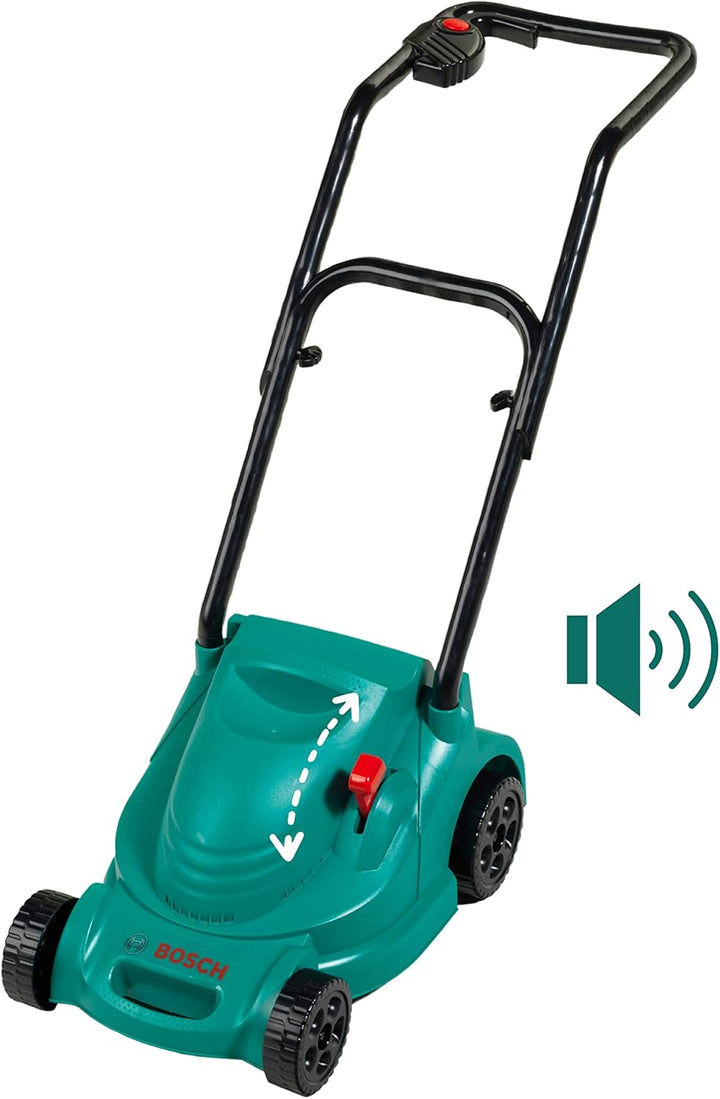 Theo Klein 2702 Bosch Rotak Rasenmäher, Mit Knattergeräusch beim Fahren, Anti-UV, Spielzeug für Kind