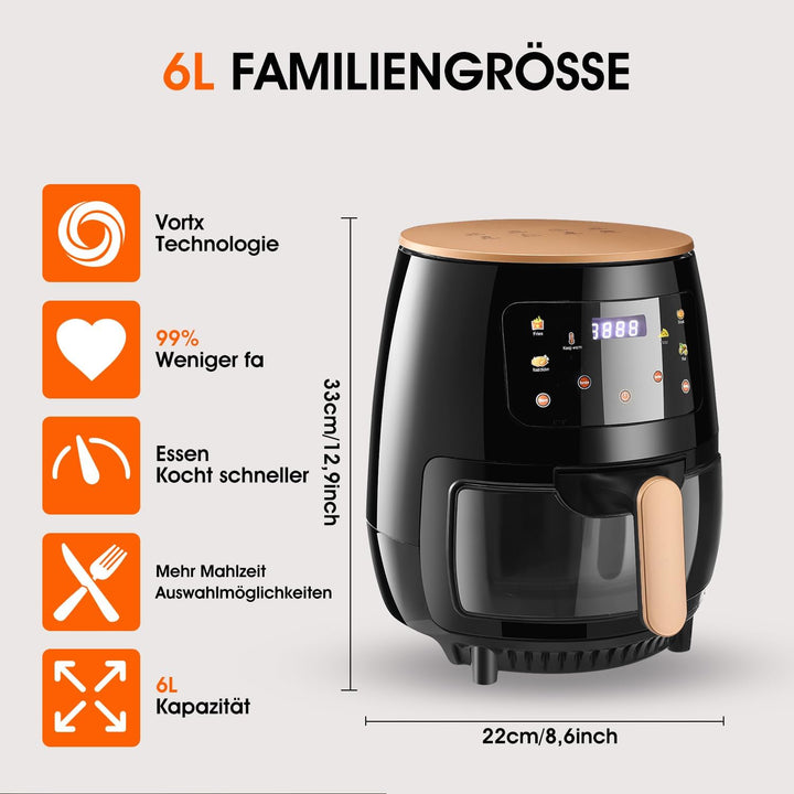 Heissluftfritteuse 6L, Ölfreie Airfryer mit Sichtfenster, 1400Watt, LED-Touchscreen, 8 Programme, 36