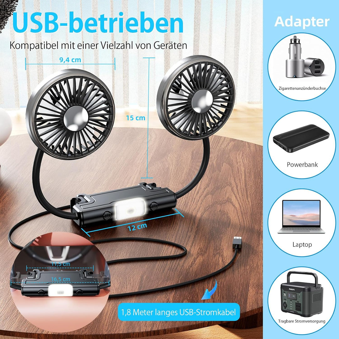 USB Ventilator Auto,11,5-16,5 cm Kopfstütze Lüfter 360° Verstellbar Flexibler Schlauch,Doppelkopf Mi