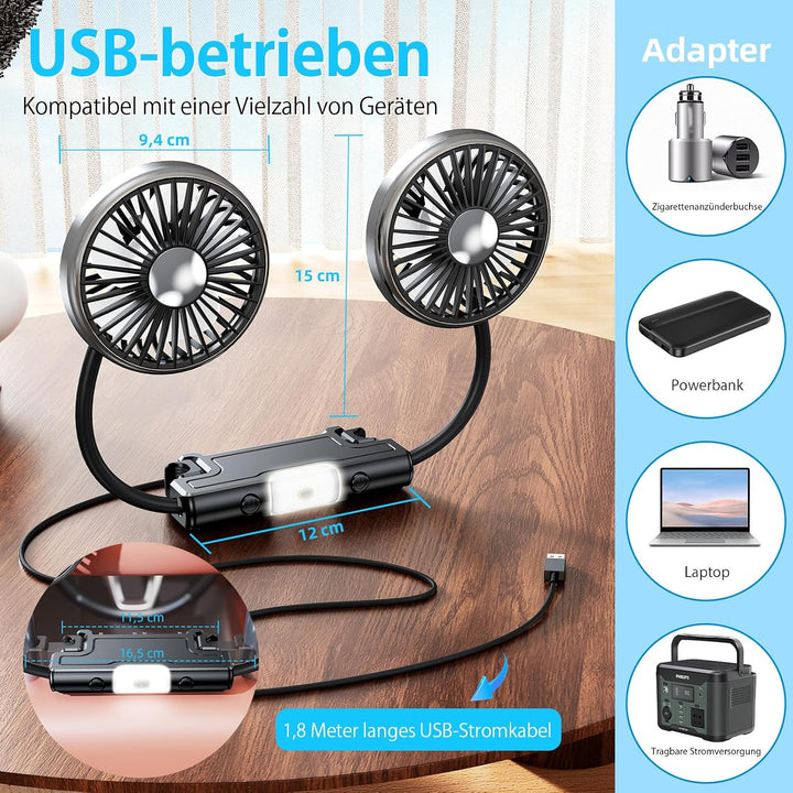 USB Ventilator Auto,11,5-16,5 cm Kopfstütze Lüfter 360° Verstellbar Flexibler Schlauch,Doppelkopf Mi