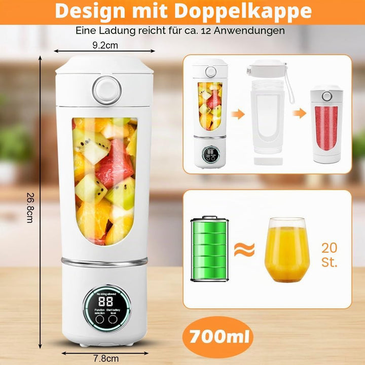 700 ml Tragbarer Mixer, Wiederaufladbarer Kleiner Entsafter, Smoothie Maker mit 12 Rostfreien Klinge