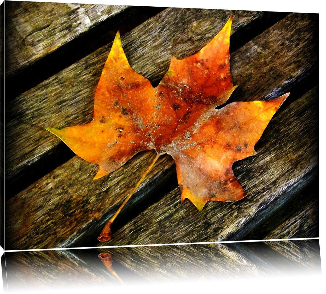 Pixxprint kleines Herbstblatt auf Holz auf Leinwand, XXL riesige Bilder fertig gerahmt mit Keilrahme